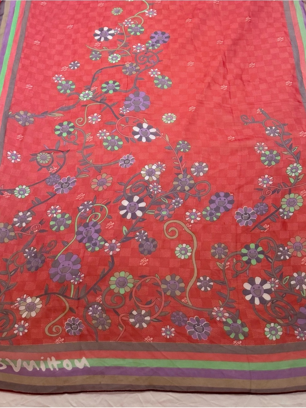 Louis Vuitton Takashi Murakami Red Silk Scarf with Laughing Flowers